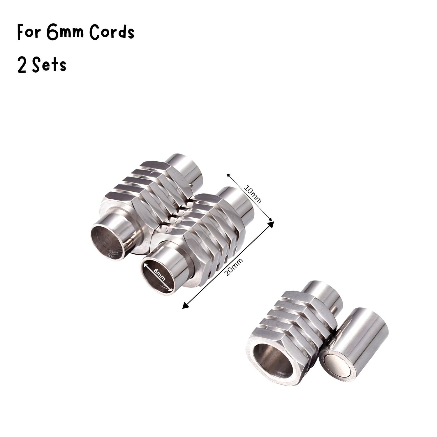 Stainless Steel Magnetic Rib Clasps, 2 Sets, 6mm Hole, 20x10x6.5mm, For 6mm Cords, 0.53oz