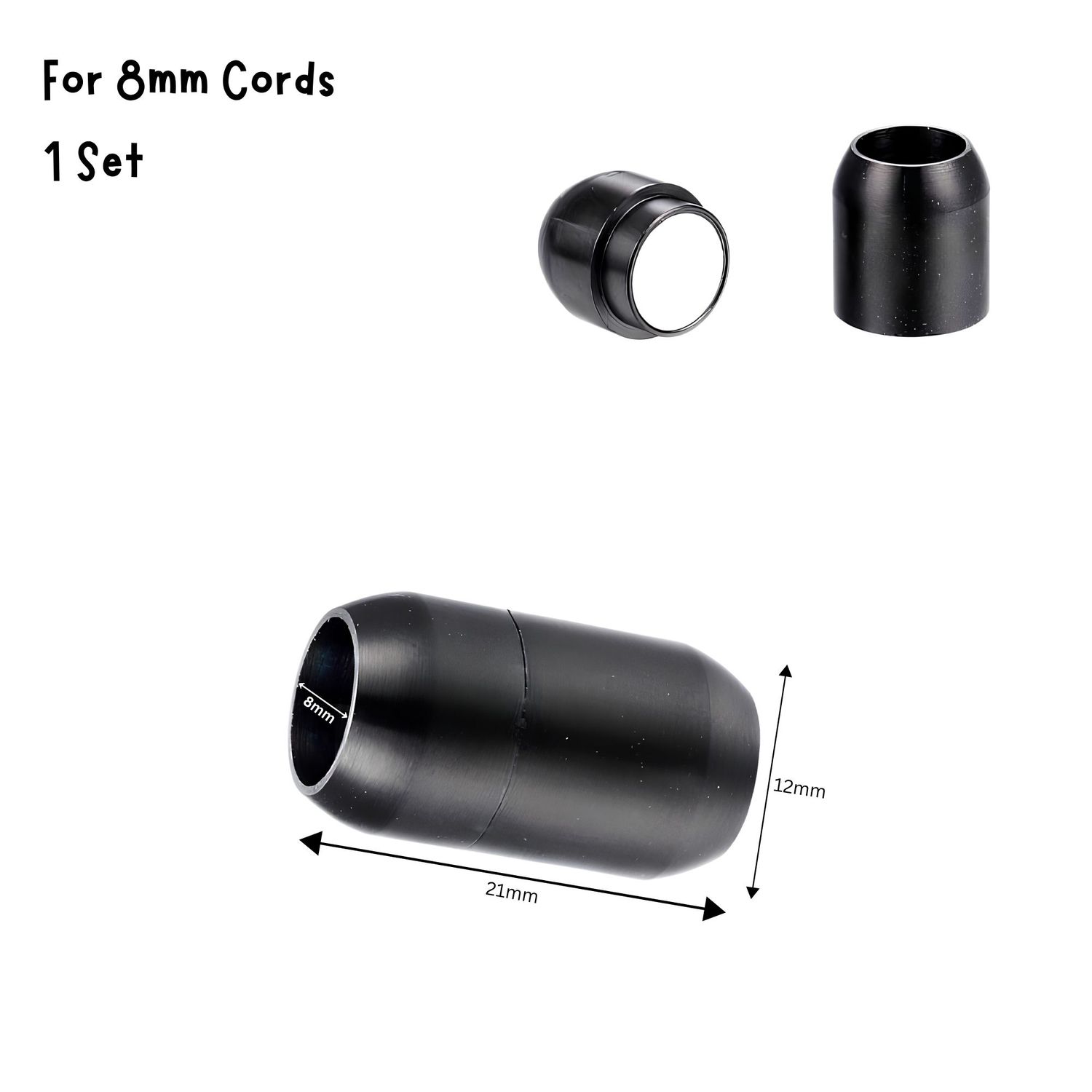 Black Stainless Steel Magnetic Bullet Clasp, 1 Set, 8mm Hole, 21x12x8mm, For 8mm Cords, 0.39oz