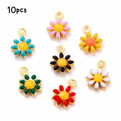 Tiny Flowers, Gold &amp; Enamel Plated Brass, 10pcs, 10x7x2mm, Mixed Colors, Charms/Pendants, 0.11oz
