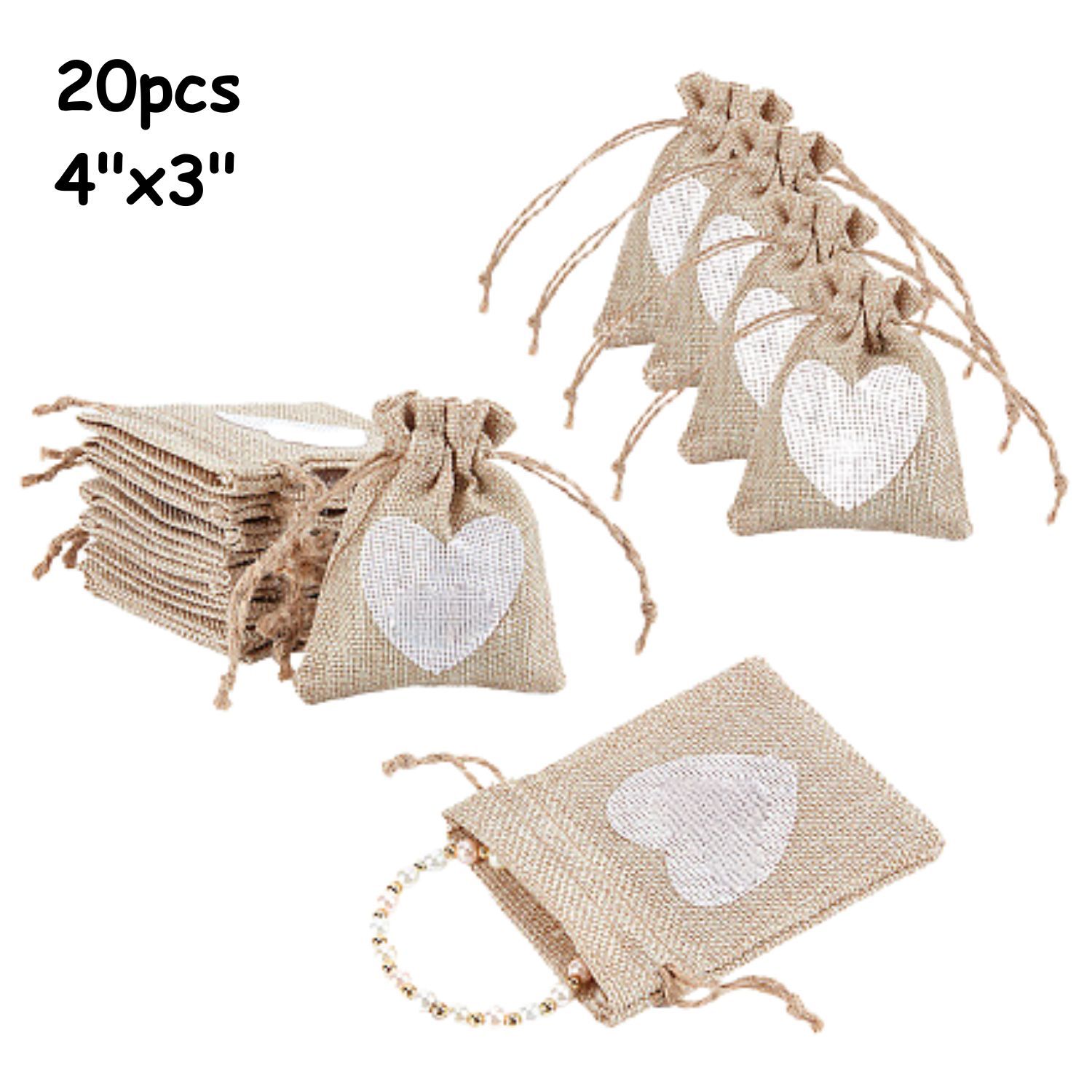 4''x3'' Drawstring Pouches/Bags, 20pcs, Khaki W/White Heart Polyester, 141gms/4.97oz