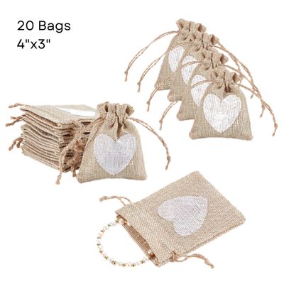 4''x3'' Drawstring Pouches/Bags, 20pcs, Khaki W/White Heart Polyester, 4.97oz