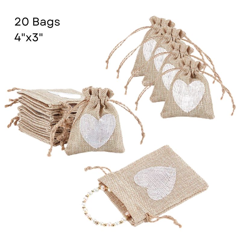 4''x3'' Drawstring Pouches/Bags, 20pcs, Khaki W/White Heart Polyester, 4.97oz