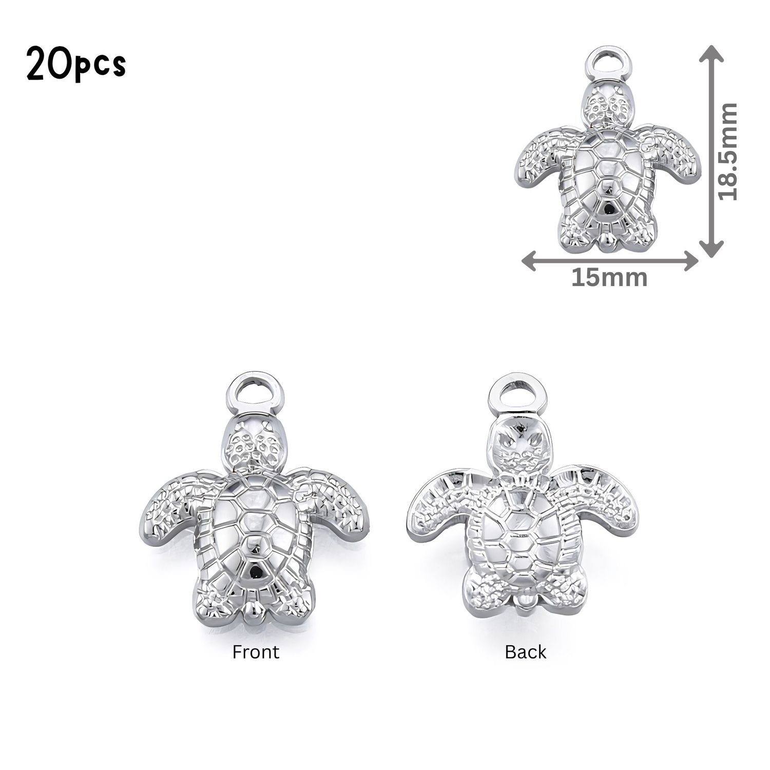 Stainless Steel Turtles, 20pcs, 18x15x3mm, Hole 2mm, Ocean Sea Charms/Pendants, 0.99oz