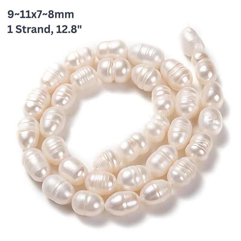 9~11x7~8mm, Cultured Freshwater Pearls, Rice, Grade B, Bisque White, Approx 34pcs, 12.7'' Strand, Hole 0.6mm, 0.99oz