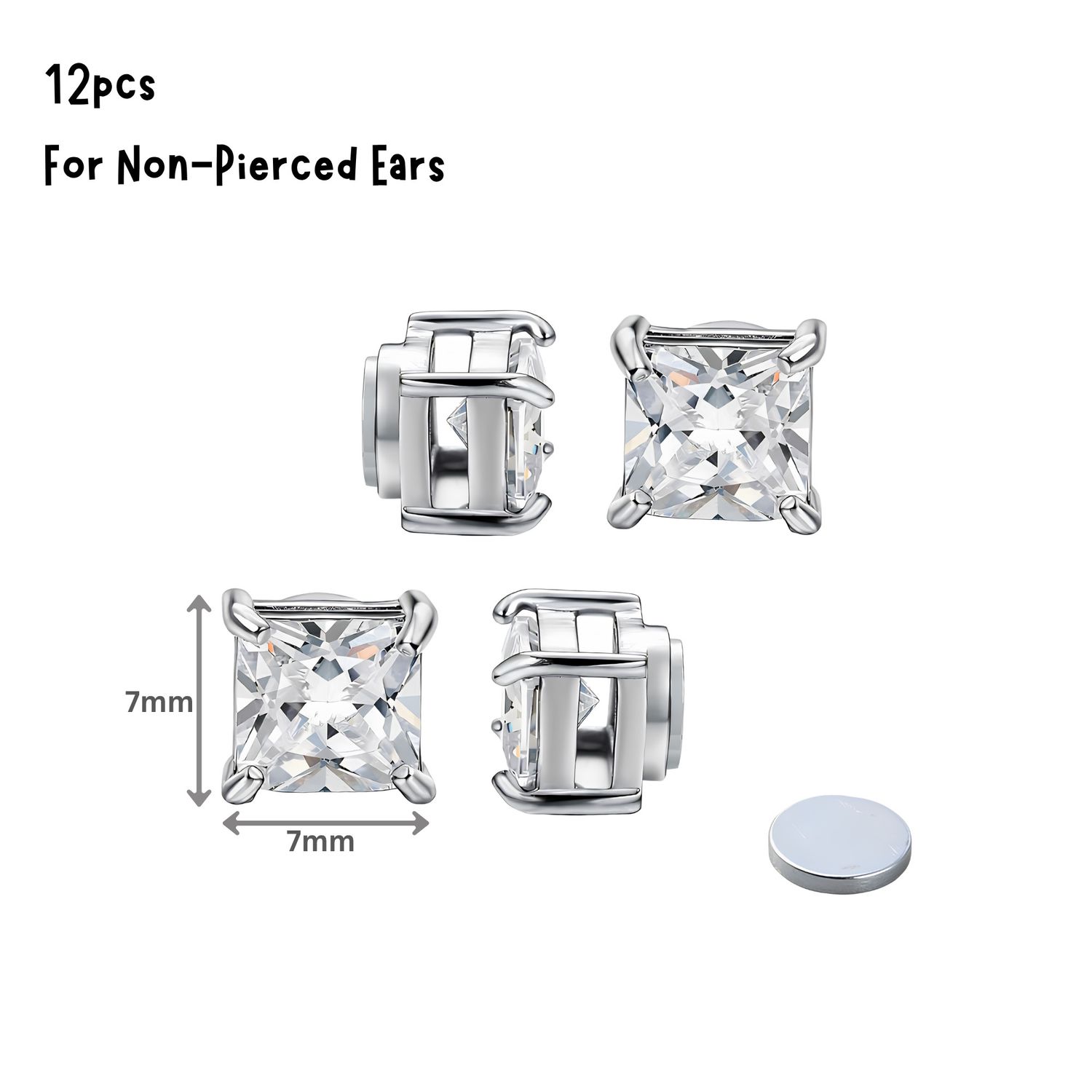 Stainless Steel Clip-On Magnetic Earrings, Crystal Square Cubic Zirconia, 10pcs, 7x7x6mm, 0.42oz