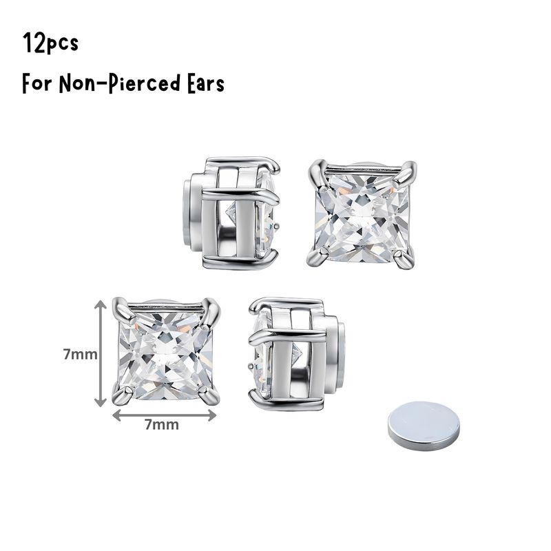 Stainless Steel Clip-On Magnetic Earrings, Crystal Square Cubic Zirconia, 10pcs, 7x7x6mm, 0.42oz