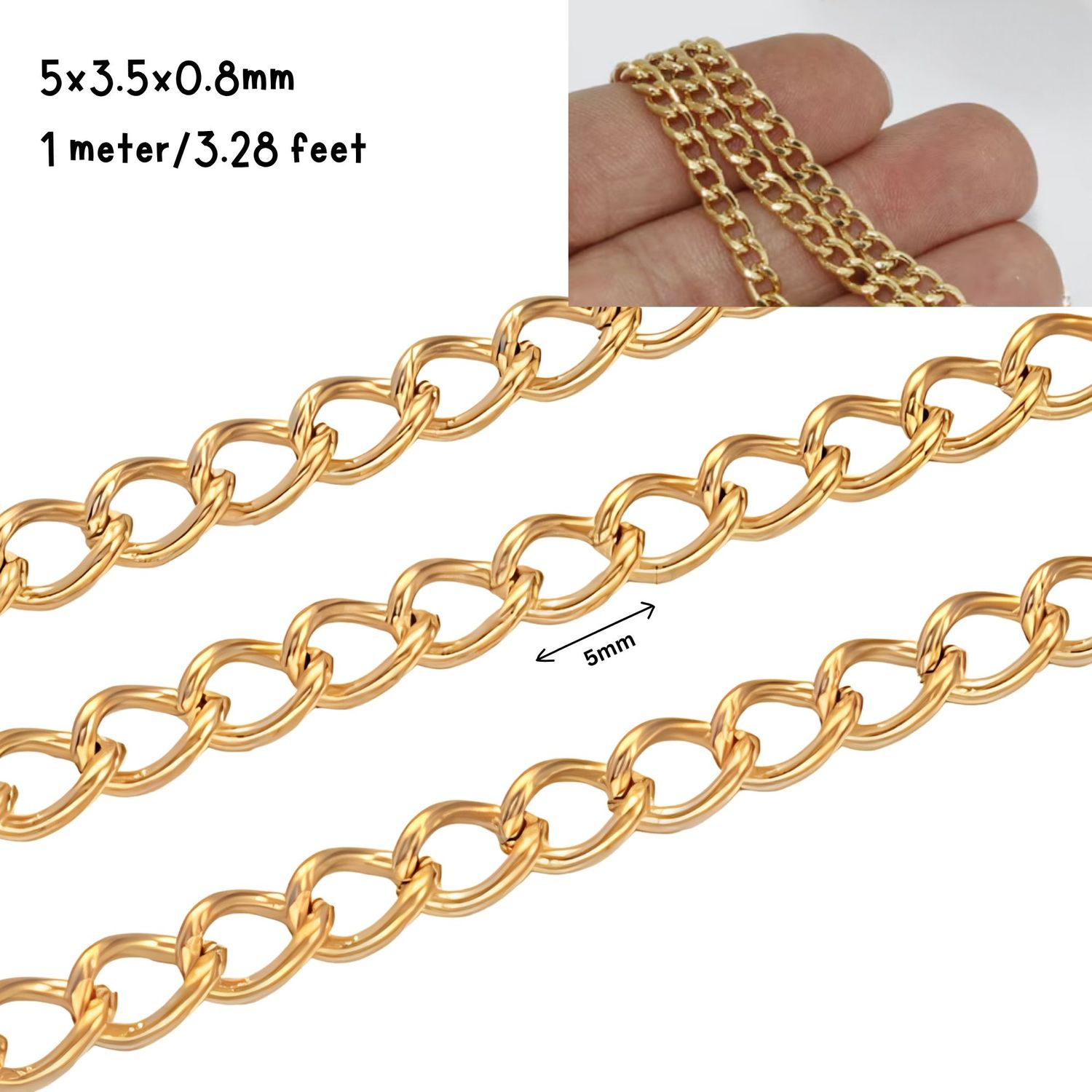 GP Stainless Steel Curb Chain, 5x3.5x0.8mm, 1 Meter/3.28 Feet, 0.60oz