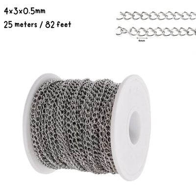 Stainless Steel, Curb Chain, 4x3x0.5mm, 25 Meters/82 Feet, 5.47oz