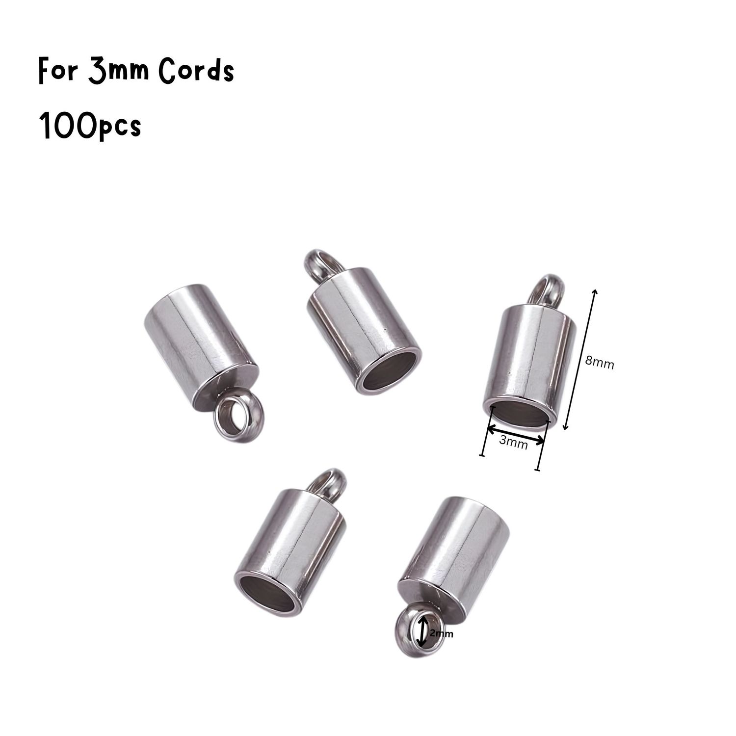 Stainless Steel Glue In End Caps, Cord Ends, 100pcs, 8x4mm, Inner Diameter 3mm, Hole 2mm, 1.06oz