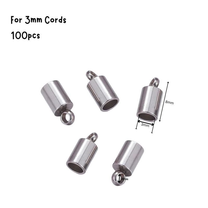 Stainless Steel Glue In End Caps, Cord Ends, 100pcs, 8x4mm, Inner Diameter 3mm, Hole 2mm, 1.06oz