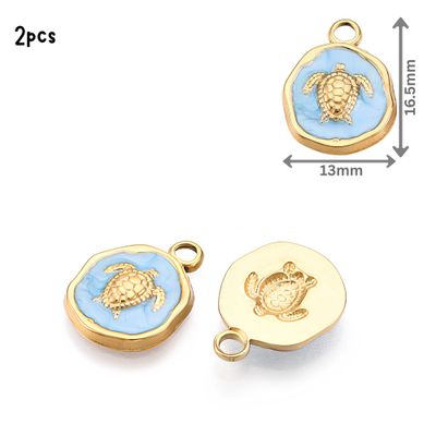 GP Stainless Steel Turtle, Blue Enamel Plated, 2pcs, 16.5x13x2.5mm, Hole: 2.5mm, Ocean Sea Charms/Pendants, 0.14oz