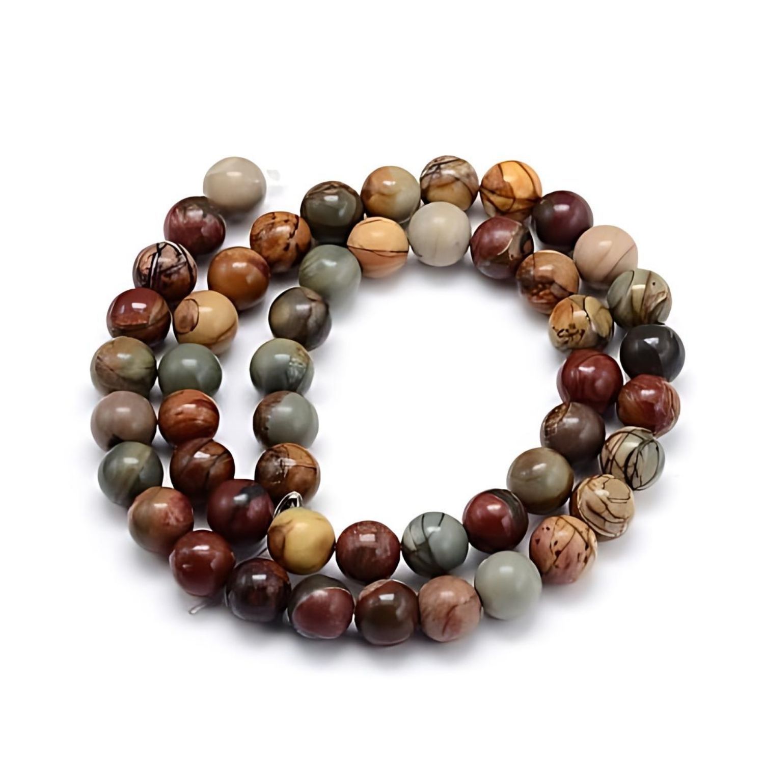 8mm Polychrome/Picasso Jasper, 15'' Strand, 48 Beads, Round, Natural, Earth Tones, 1mm Hole, Gemstones, 42gms/1.48oz