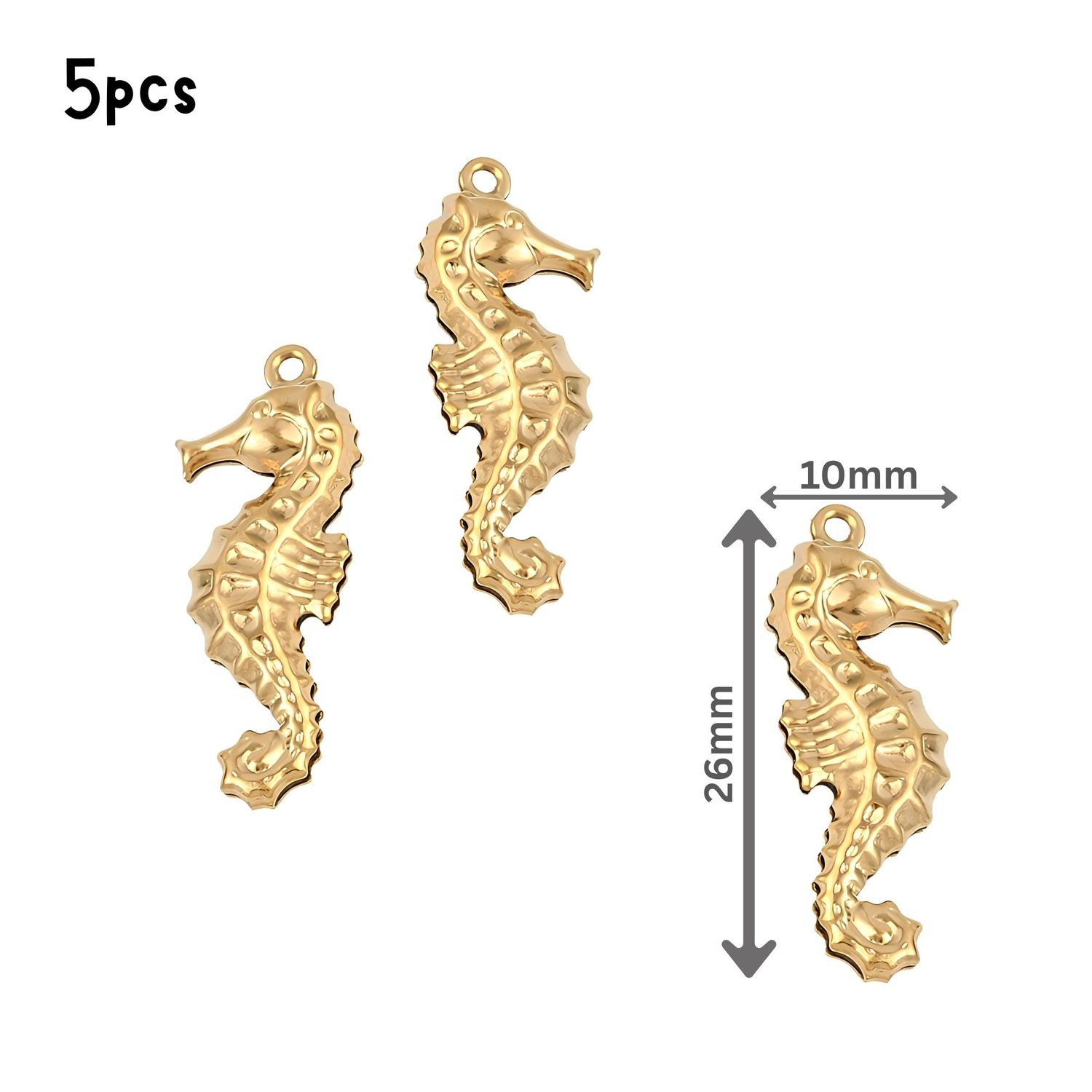 GP Stainless Steel Sea Horse, 5pcs, 26x10x4mm, Hole 1.2mm, Ocean Sea Charms/Pendants, 0.21oz
