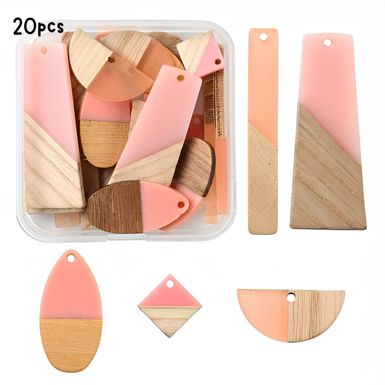 Resin &amp; Wood Pendants, Pink, 20pcs, 5 Styles, 14~52x7.5~28x3~4mm, Hole: 1.5~2mm, 40gms/1.41oz