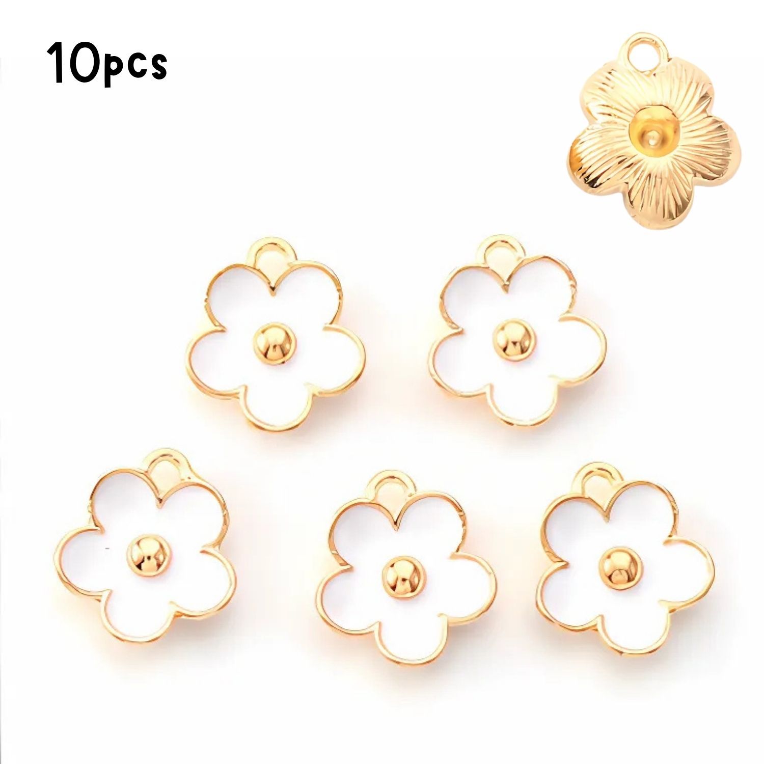 Flower Pendants, White, Gold &amp; Enamel Plated, 10pcs, 13x11.5x3mm, Hole 1.6mm, 0.21oz