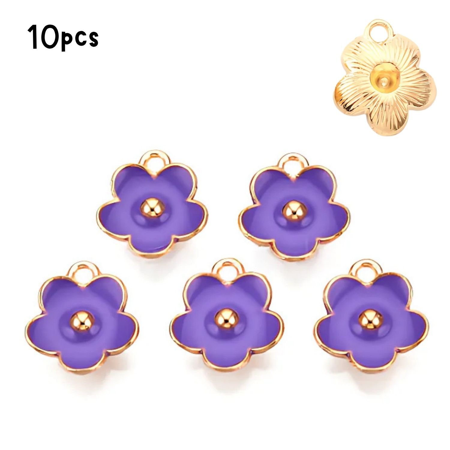 Flower Pendants, Purple, Gold &amp; Enamel Plated Alloy, 10pcs, 13x11.5x3mm, Hole 1.6mm, Cell Phone Decor Charms, 0.21oz