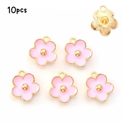 Flower Pendants, Pearl Pink, Gold &amp; Enamel Plated Alloy, 10pcs, 13x11.5x3mm, Hole 1.6mm, Cell Phone Decor Charms, 0.21oz