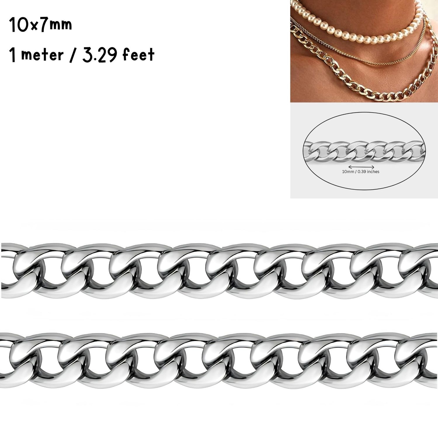 Stainless Steel Chunky Cuban Link Curb Chain, 10x7mm, 1 Meter/3.28 Feet, 2.33oz
