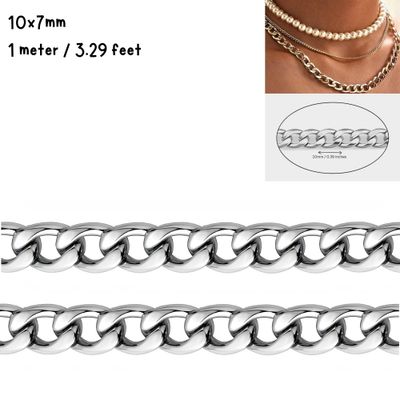 Stainless Steel Chunky Cuban Link Curb Chain, 10x7mm, 1 Meter/3.28 Feet, 2.33oz