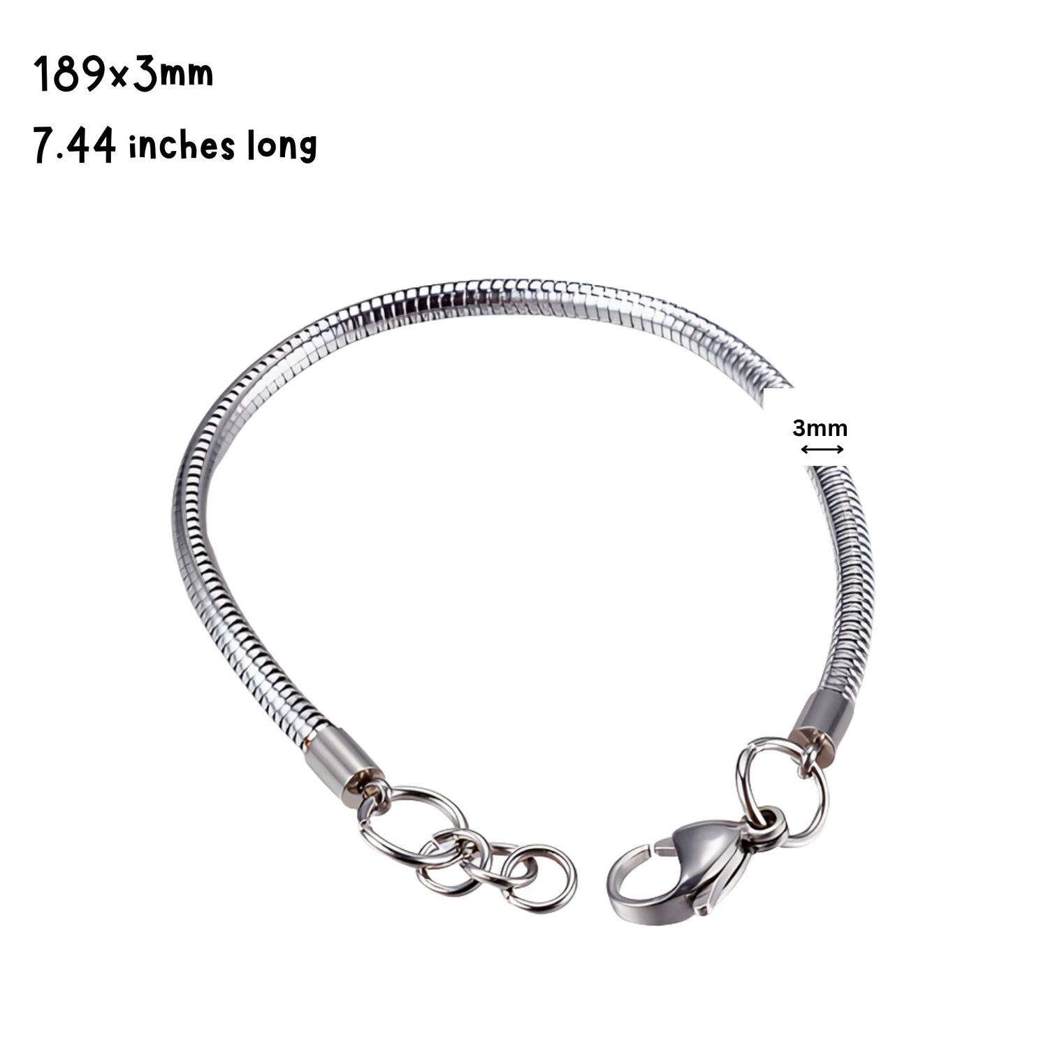 Stainless Steel Snake Chain Bracelet, 1pc, 7.44' Long, 3mm Diameter, Fits Pandora Accessories, 0.25oz