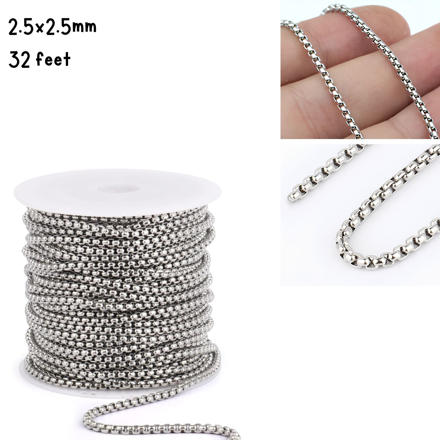 Stainless Steel Box Chain, 2.5x2.5mm, 32 Feet, 1 Roll, 6.74oz