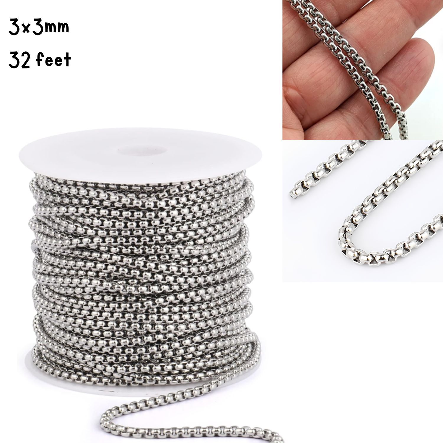 Stainless Steel Box Chain, 3x3mm, 32 Feet, 1 Roll, 9.56oz