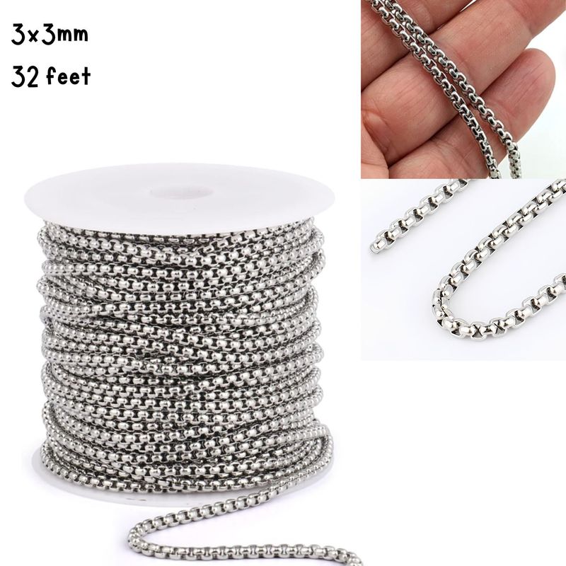 Stainless Steel Box Chain, 3x3mm, 32 Feet, 1 Roll, 9.56oz