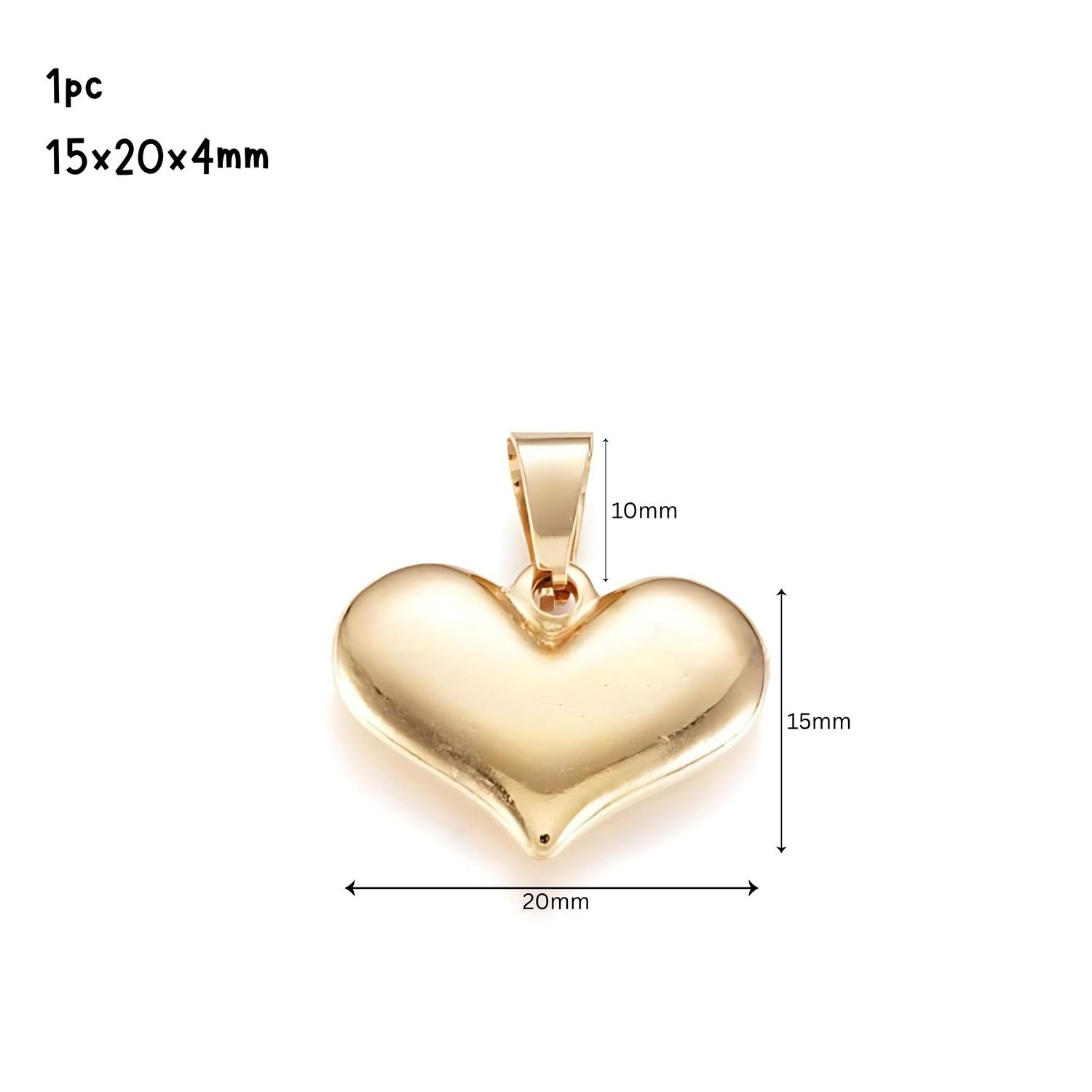 GP Stainless Steel Heart, 1pc, 15x20x4mm, Bail 8x7mm w/7mm Hole, Charms/Pendants, 0.39oz