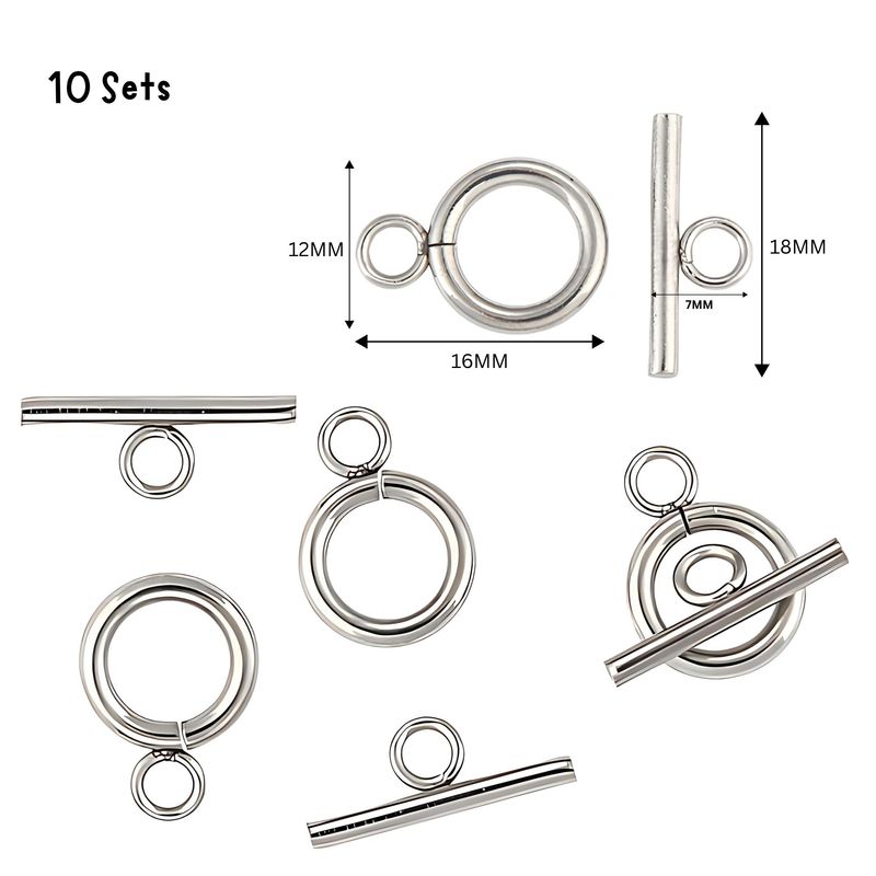 Stainless Steel Toggles, Clasps, 10 Sets, Rings 16x12x2mm, Bars 18x7x2mm, Hole 2mm, 0.42oz