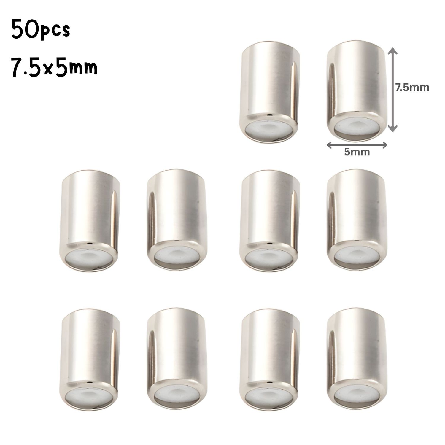 Stainless Steel Rubber Core Stopper Beads, 50pcs, Sliding Bead Clasp, 7.5x5mm, Hole 1.4mm, Metal Beads, 0.78oz