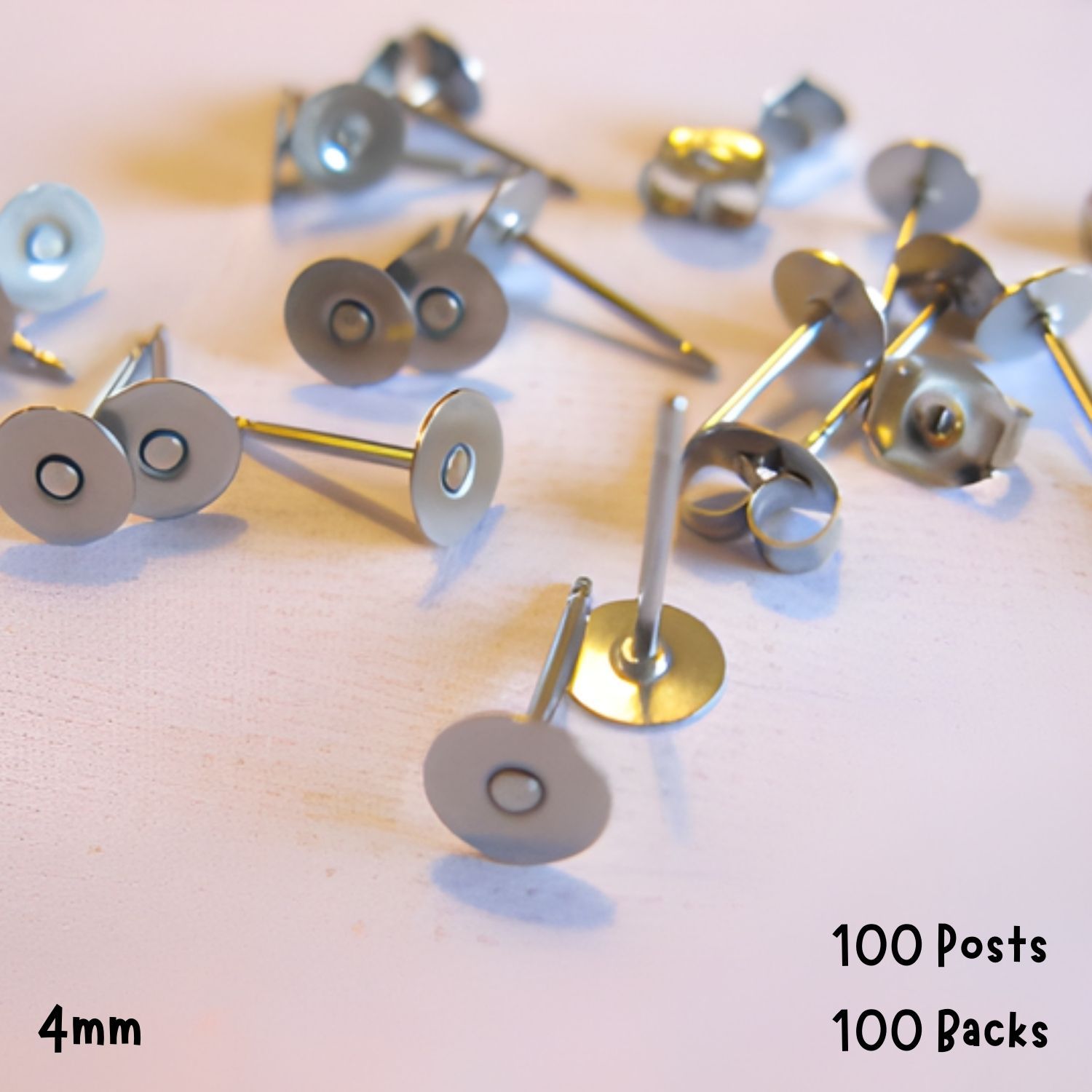 4mm Stainless Steel Flat Earring Posts, 100 Posts &amp; 100 Backs, 21gms/0.75oz