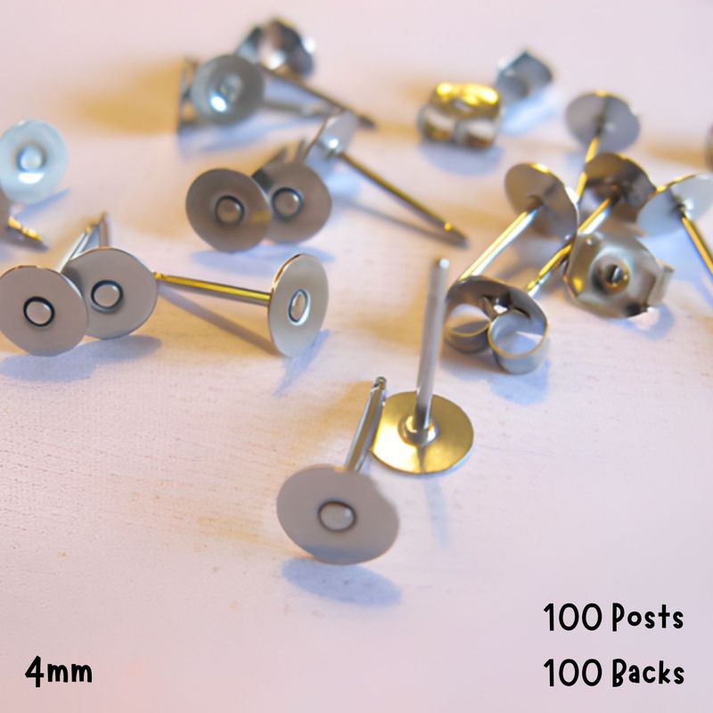 4mm Stainless Steel Flat Earring Posts, 100 Posts &amp; 100 Backs, 21gms/0.75oz