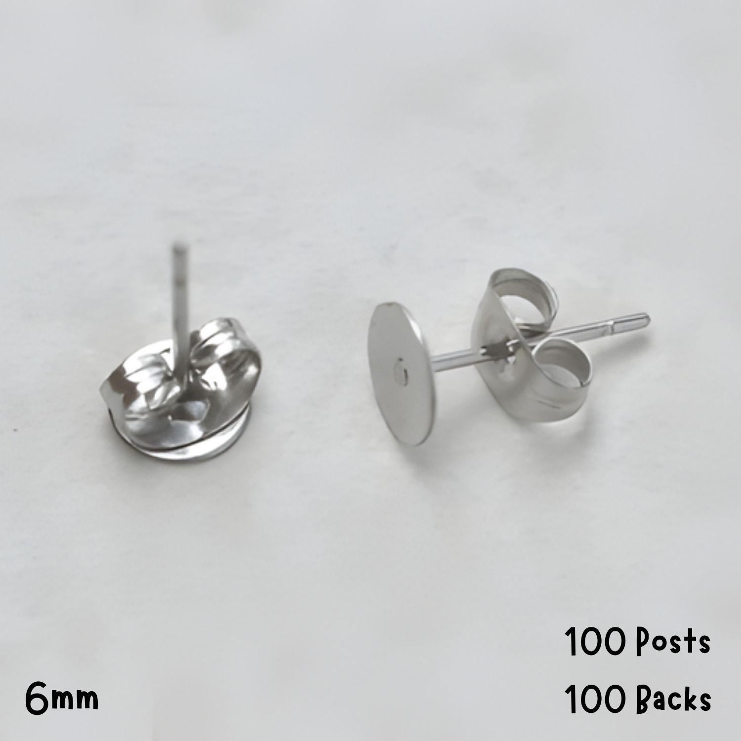 6mm Stainless Steel Flat Earring Posts, 100 Posts &amp; 100 Backs, 22gms/0.78oz