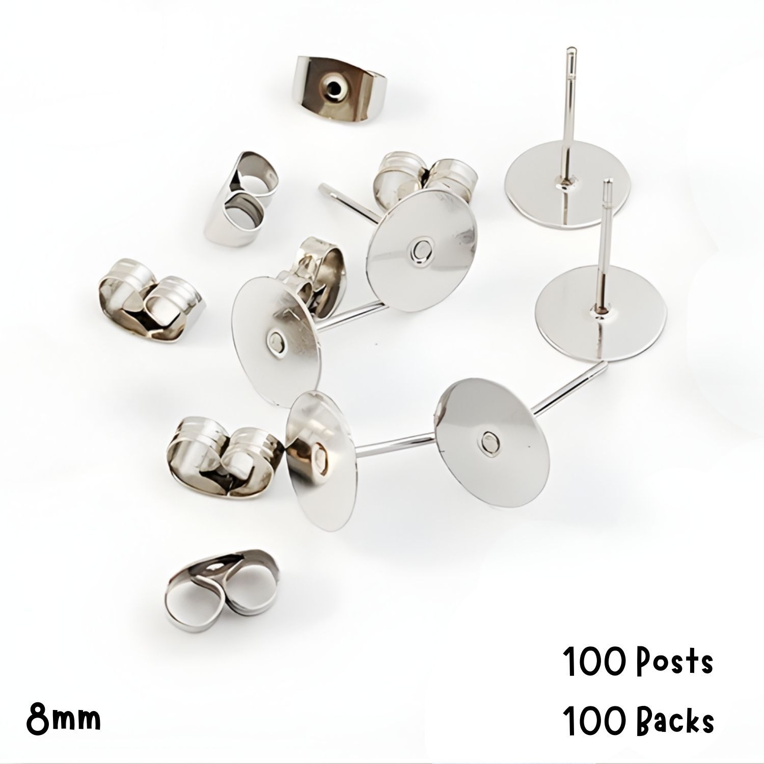 8mm Stainless Steel Flat Earring Posts, 100 Posts &amp; 100 Backs, 28gms/0.99oz