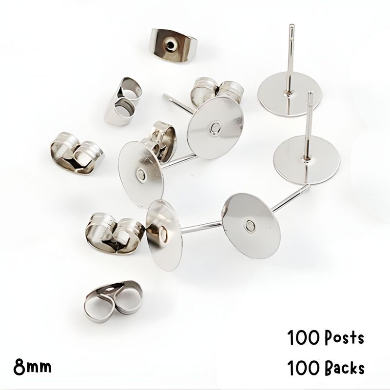 8mm Stainless Steel Flat Earring Posts, 100 Posts &amp; 100 Backs, 28gms/0.99oz