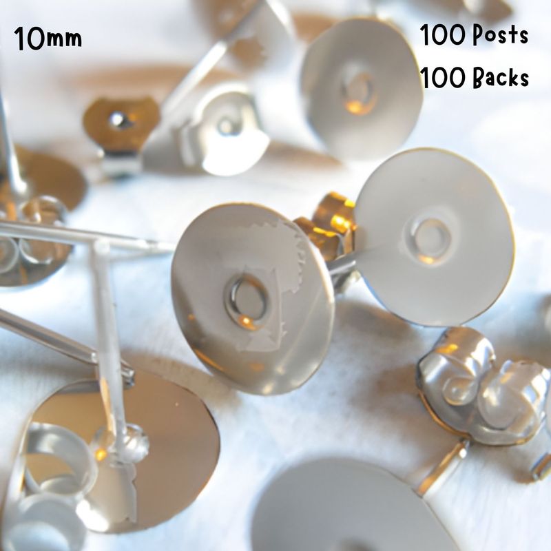 10mm Stainless Steel Flat Earring Posts, 100 Posts &amp; 100 Backs, 32gms/1.13oz