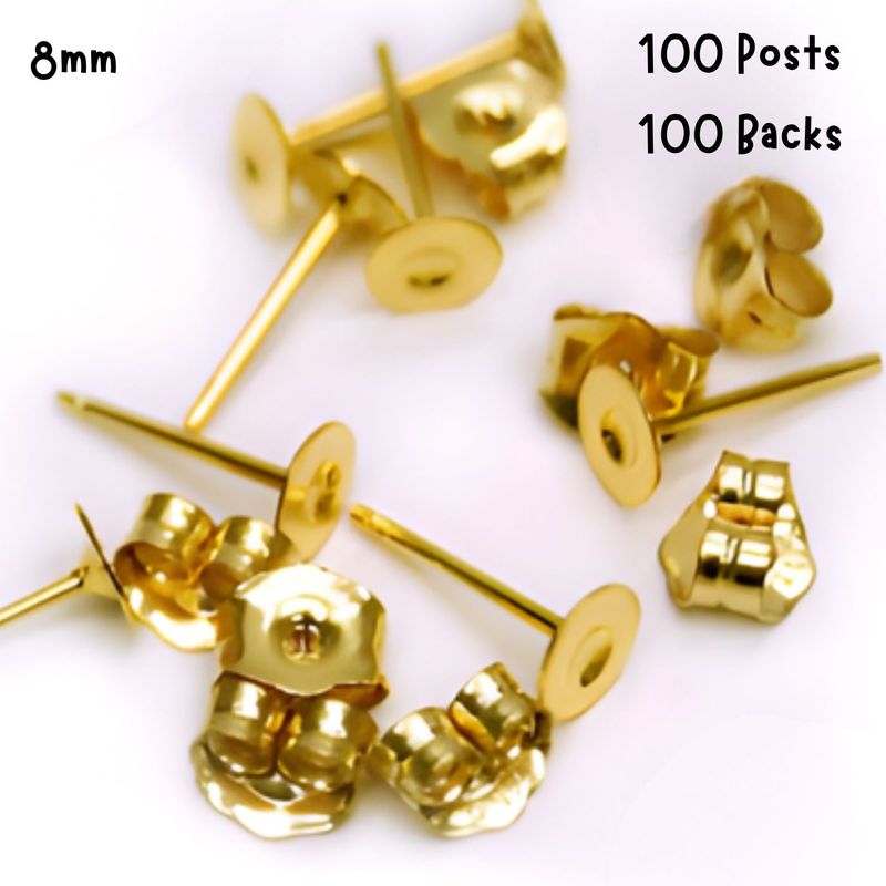 6mm GP Stainless Steel Flat Earring Posts, 100 Posts &amp; 100 Backs, 24gms/0.85oz