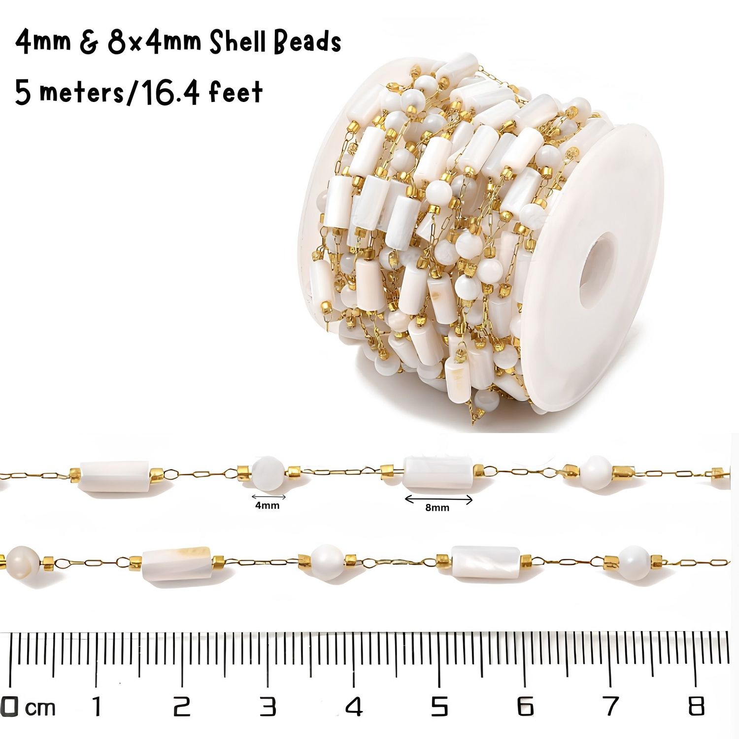 GP Stainless Steel Paperclip Chain w/Shell Beads, 4mm &amp; 8x4mm Beads, 5 Meters/16.4ft, 2.05oz