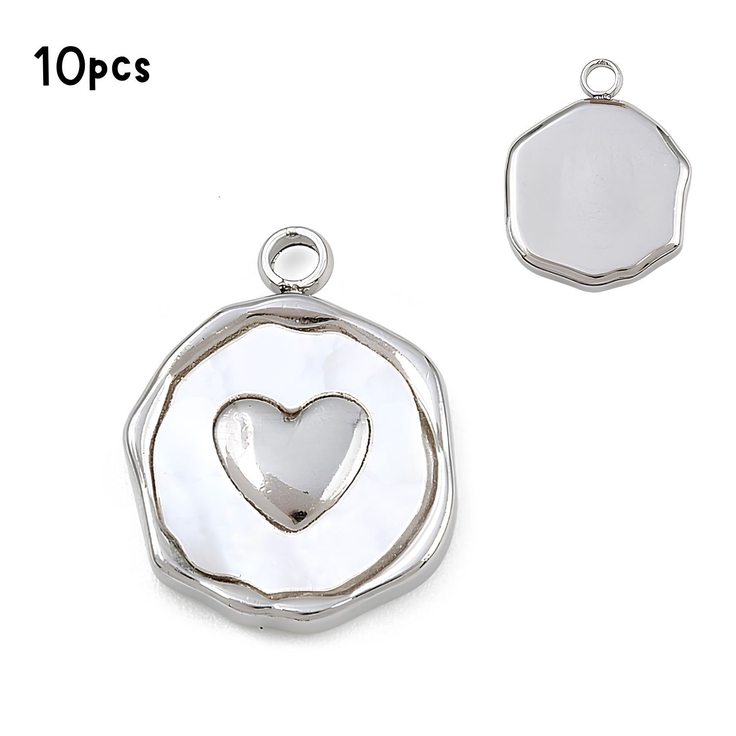 Stainless Steel Heart, White Shell, 10pcs, 16x12.5x3mm, Hole: 1.8mm, Charms/Pendants, 1.06oz