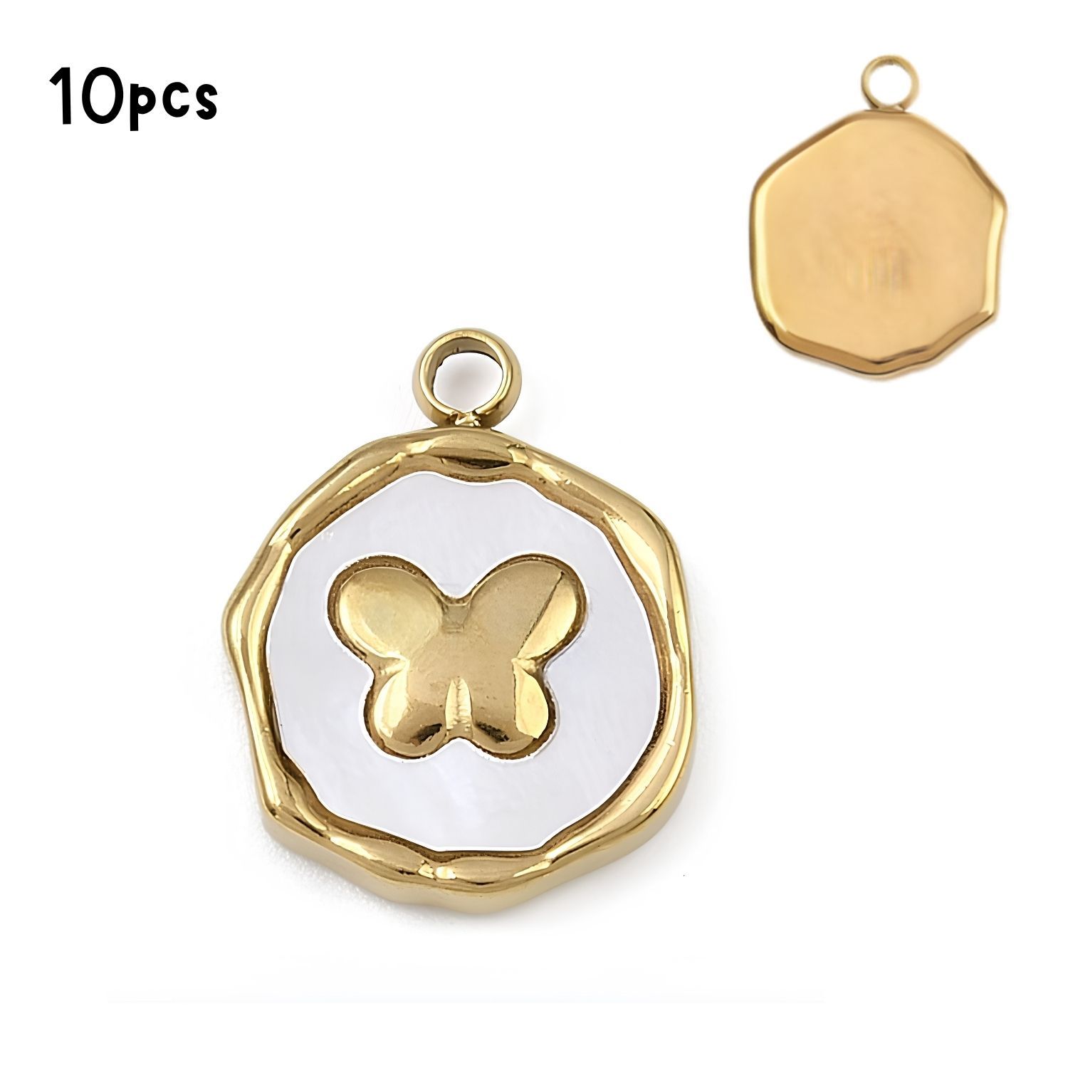 GP Stainless Steel Raised Butterfly, White Shell, 10pcs, 16x12.5x3mm, Hole: 1.8mm, Charms/Pendants, 1.06oz