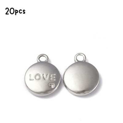 Stainless Steel Flat Round Charms/Pendants, w/Word Love, 20pcs, 13x10.5x3mm, Hole 1.2mm, 1.02oz