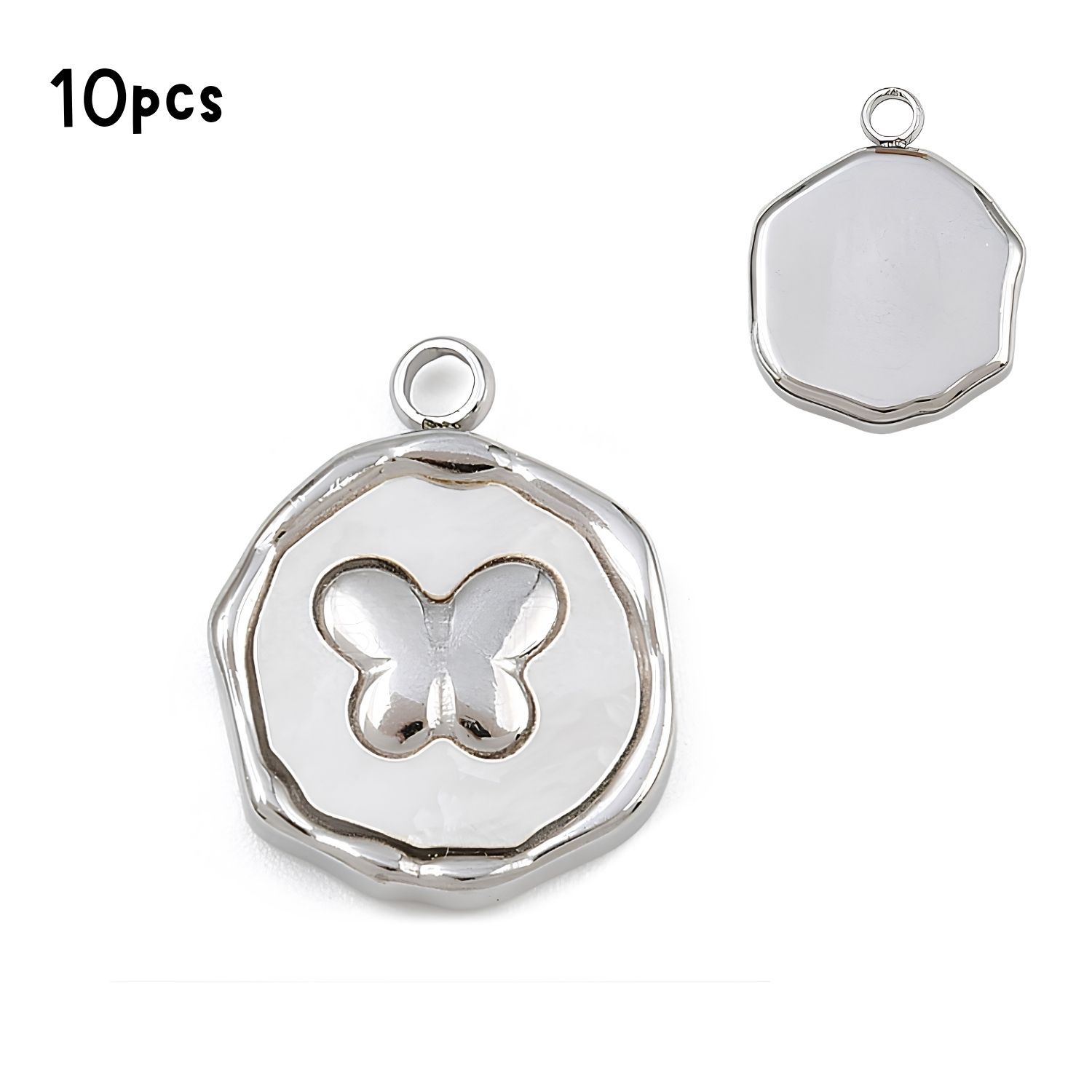 Stainless Steel Raised Butterfly, White Shell, 10pcs, 16x12.5x3mm, Hole: 1.8mm, Charms/Pendants, 1.06oz