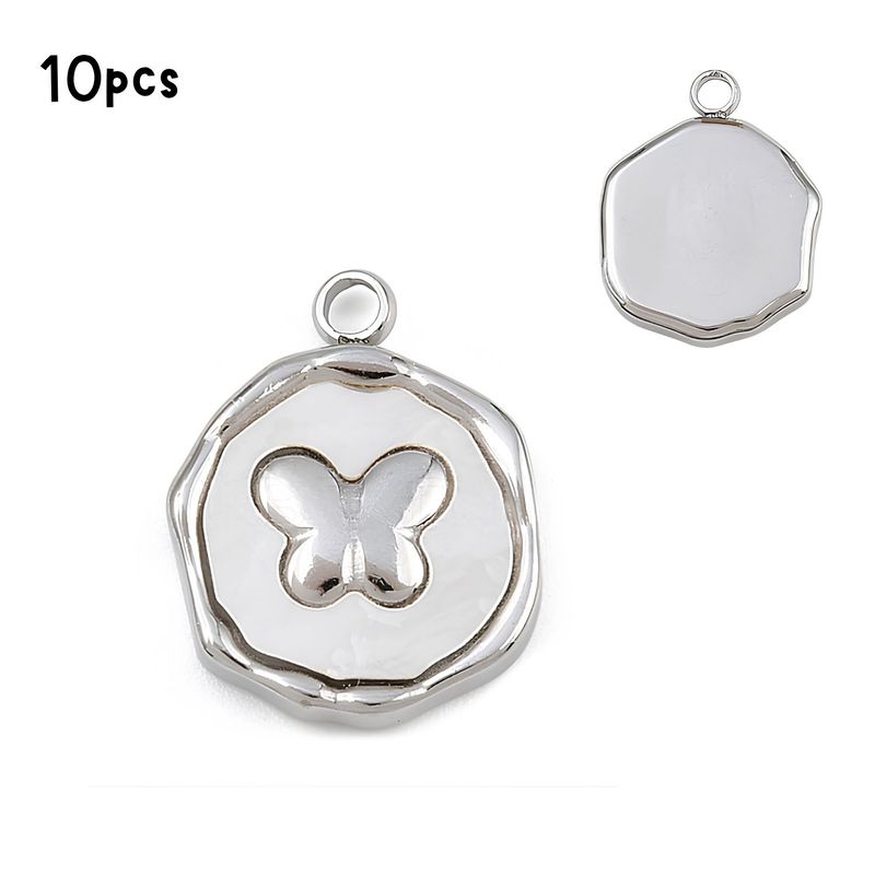 Stainless Steel Raised Butterfly, White Shell, 10pcs, 16x12.5x3mm, Hole: 1.8mm, Charms/Pendants, 1.06oz