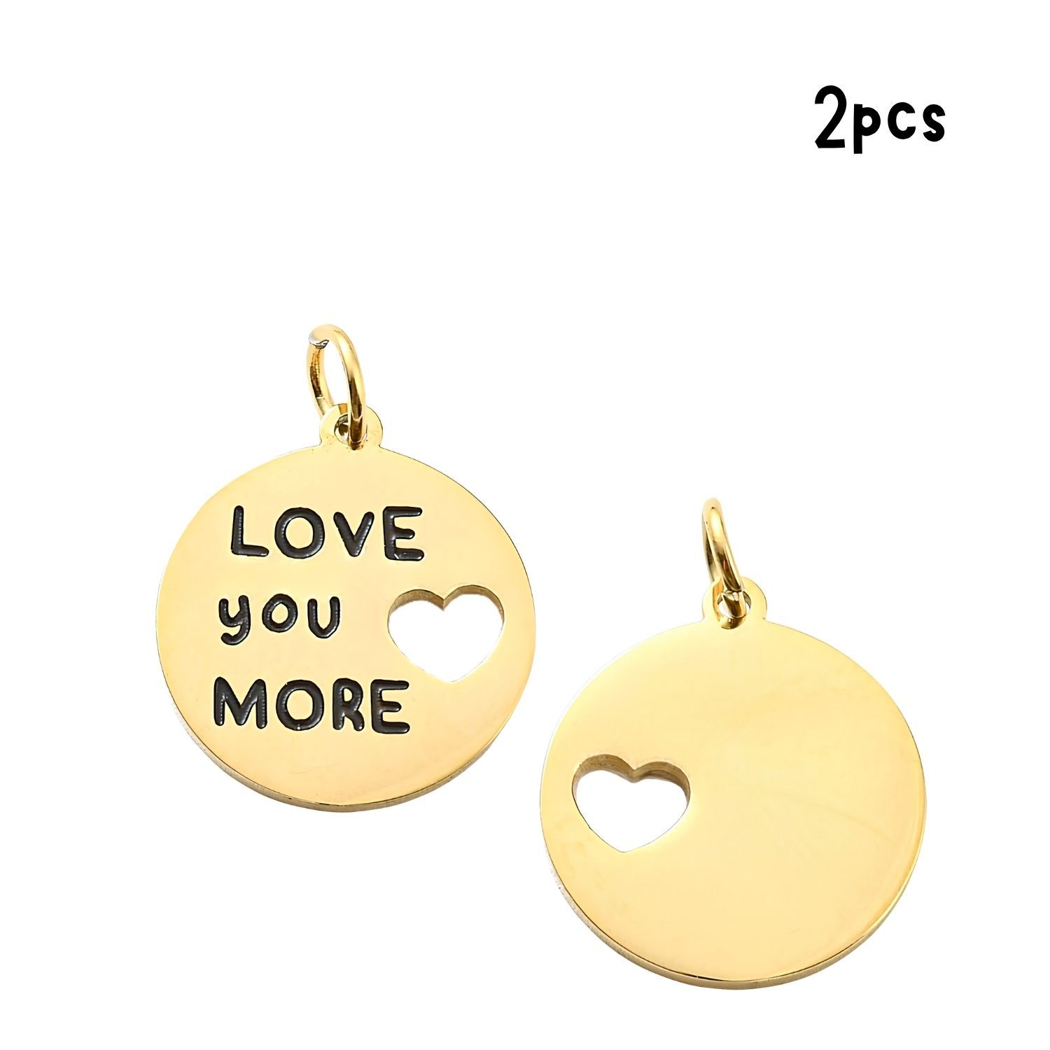 GP Stainless Steel Flat Round Charms/Pendants, w/Words Love You More, 2pcs, 13.5x12.5x1mm, Hole 2.6mm, 0.07oz