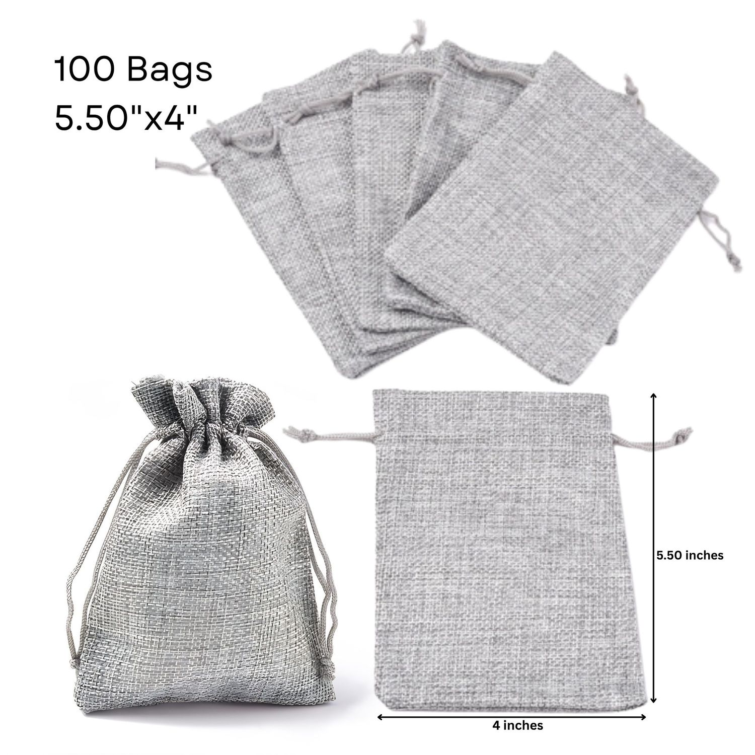 5.5''x4'' Drawstring Pouches/Bags, Grey, 100pcs, Burlap Textured Polyester, 24.34oz