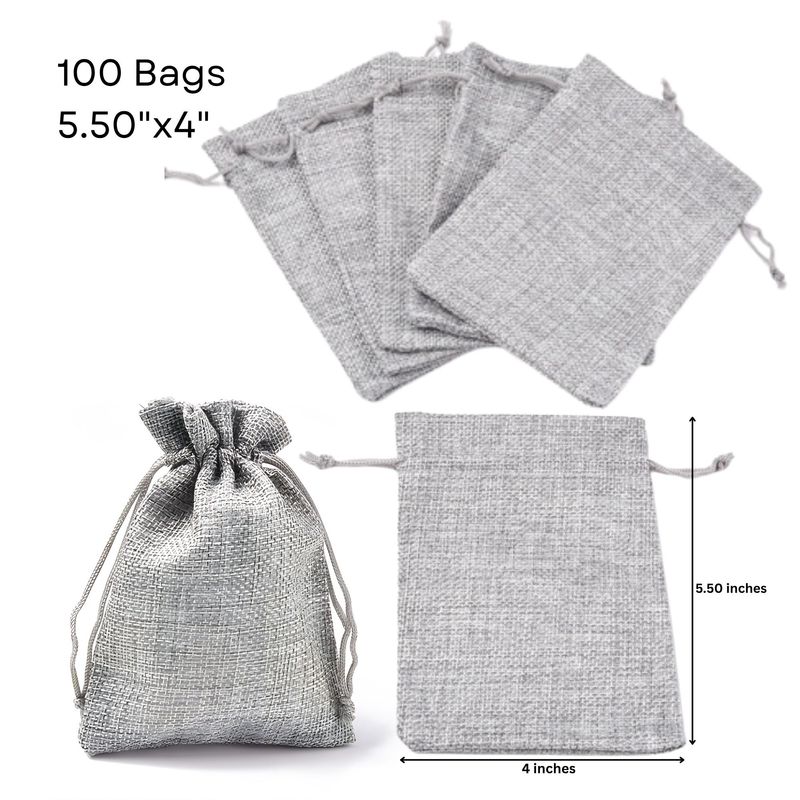 5.5''x4'' Drawstring Pouches/Bags, Grey, 100pcs, Burlap Textured Polyester, 24.34oz