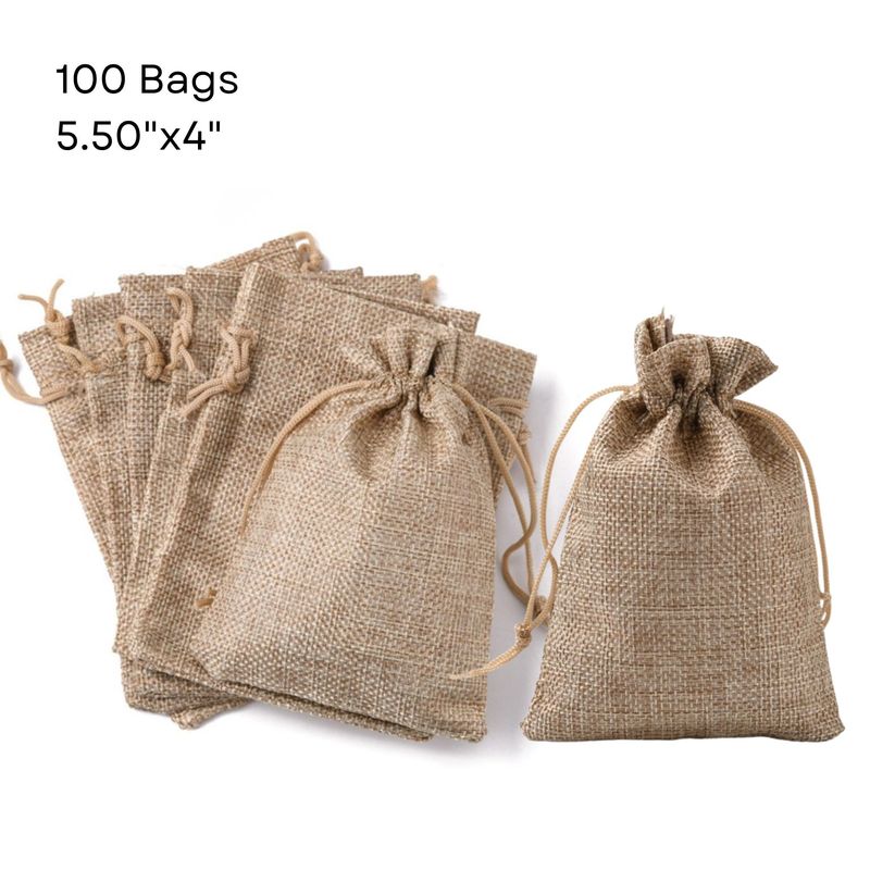 5.5''x4'' Drawstring Pouches/Bags, Khaki/Tan, 100pcs, Burlap Textured Polyester, 24.34oz