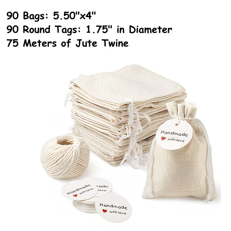 5.5''x4'' Drawstring Pouches/Bags, Cream, 90 Bags, 90 Tags, 75 Meters of Twine, Burlap Textured Polyester, 88.89oz