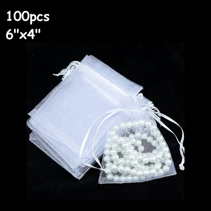 6"x4" Organza Drawstring Pouches/Bags, 100pcs, White, 10.05oz