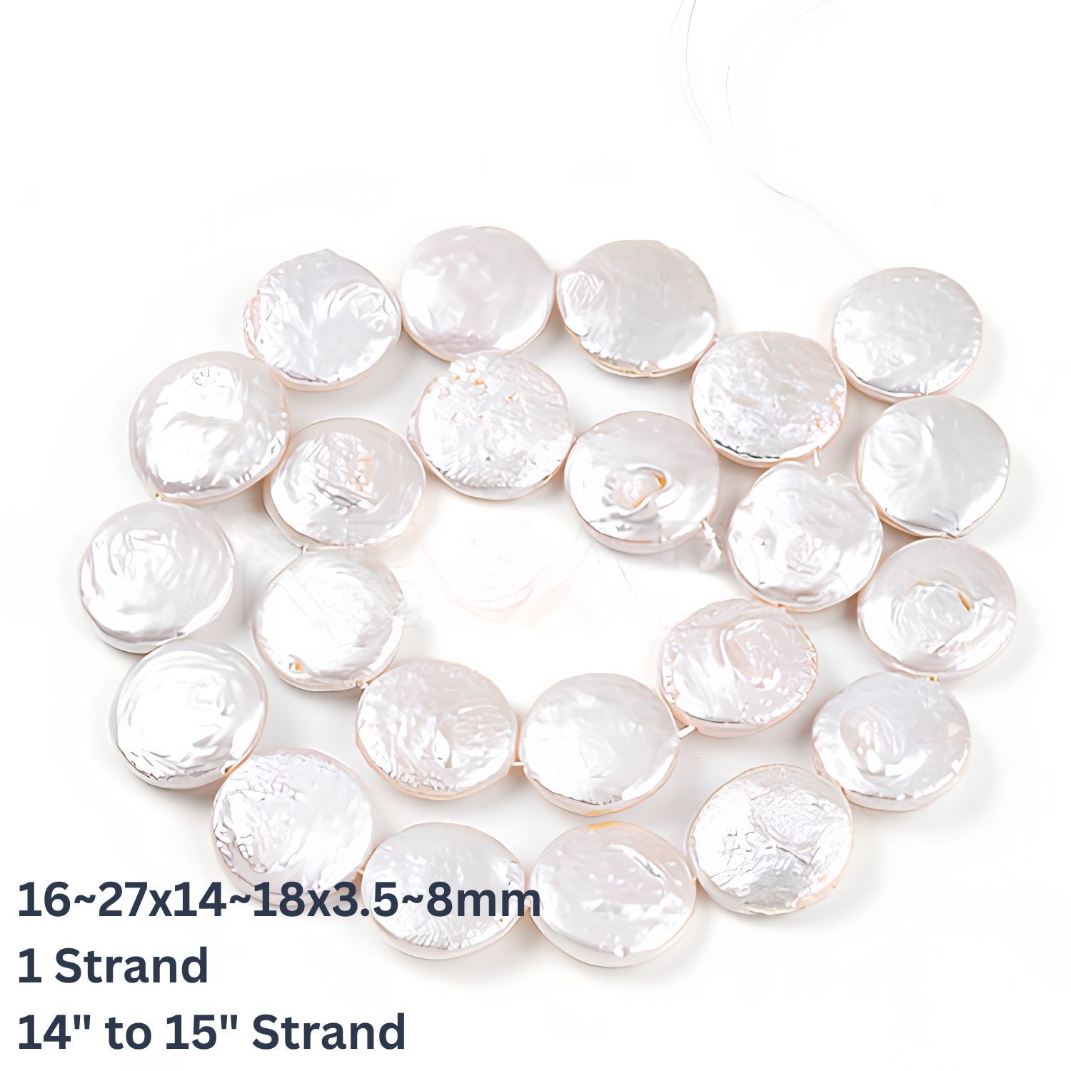 16~27x14~18x3.5~8mm, Cultured Freshwater Coin Pearls, Natural, 20 to 23pcs, 14.45" to 15.50" Strand, Hole: 0.7mm, 1.91oz